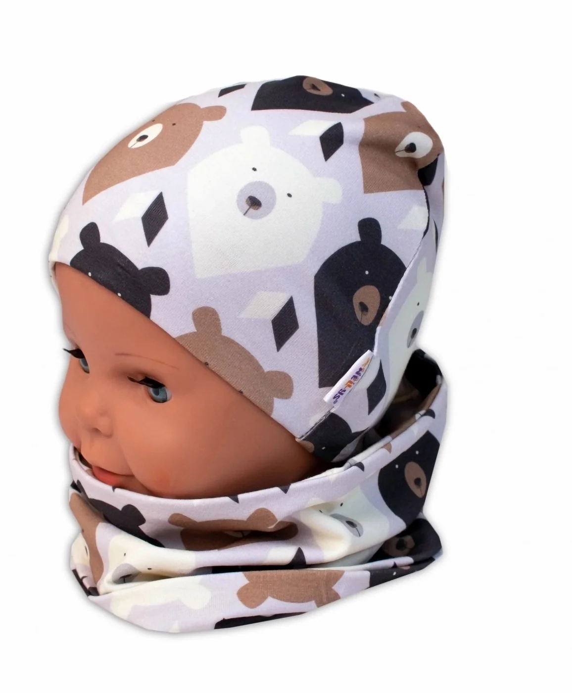 Baby Nellys Dvouvrstvá čepice + komínek Medvědi, hnědá/smetanová, vel. 104/110 vel.  104/110