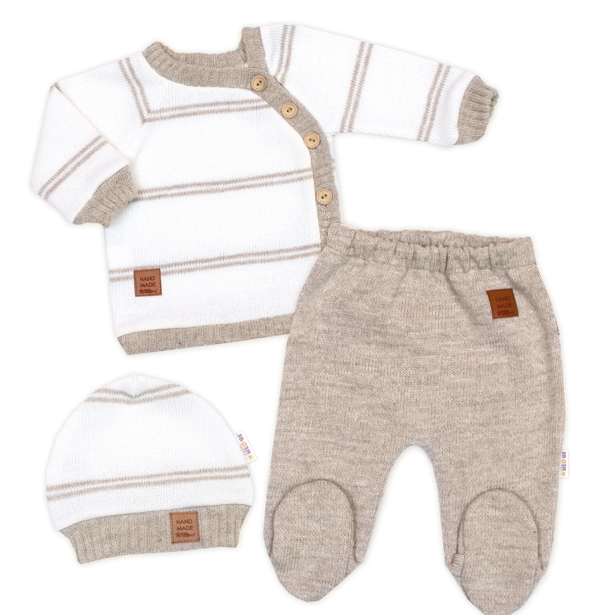 Baby Nellys Pletená sada pro miminko s jemným proužkem 3D, lux - béžová, bílá, vel. 68 vel. 68