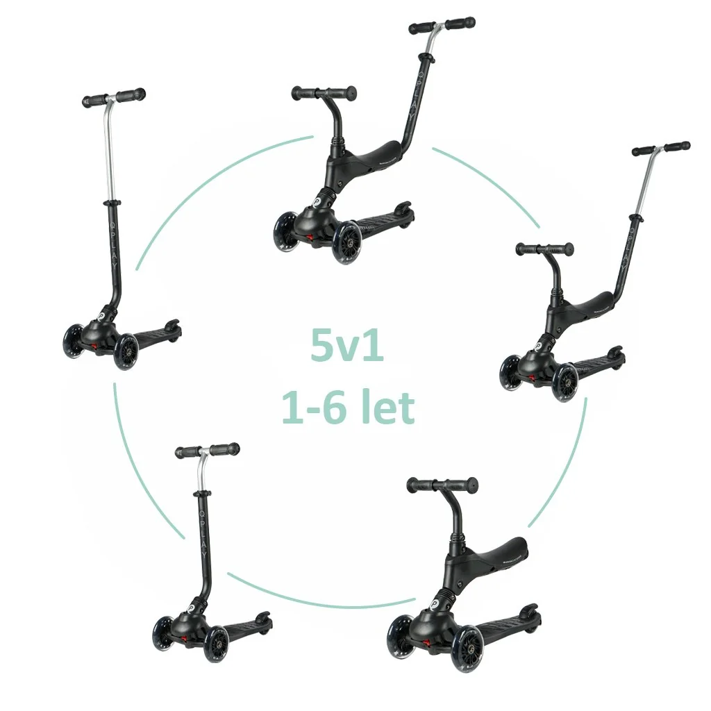 QPlay Kolobežka Sema Pro Black, 5 v 1, s LED kolečky, věk 1-6 let