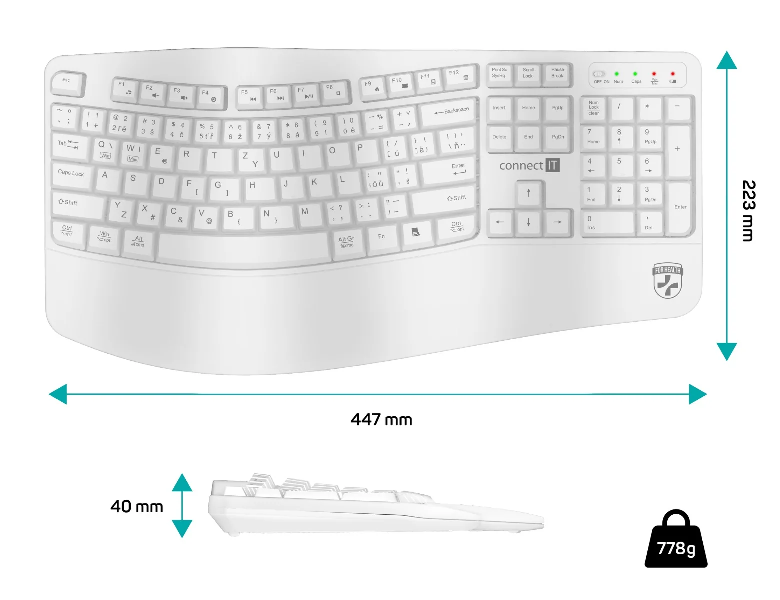 Connect IT For Health CZ + SK verze ergonomická klávesnice bílá
