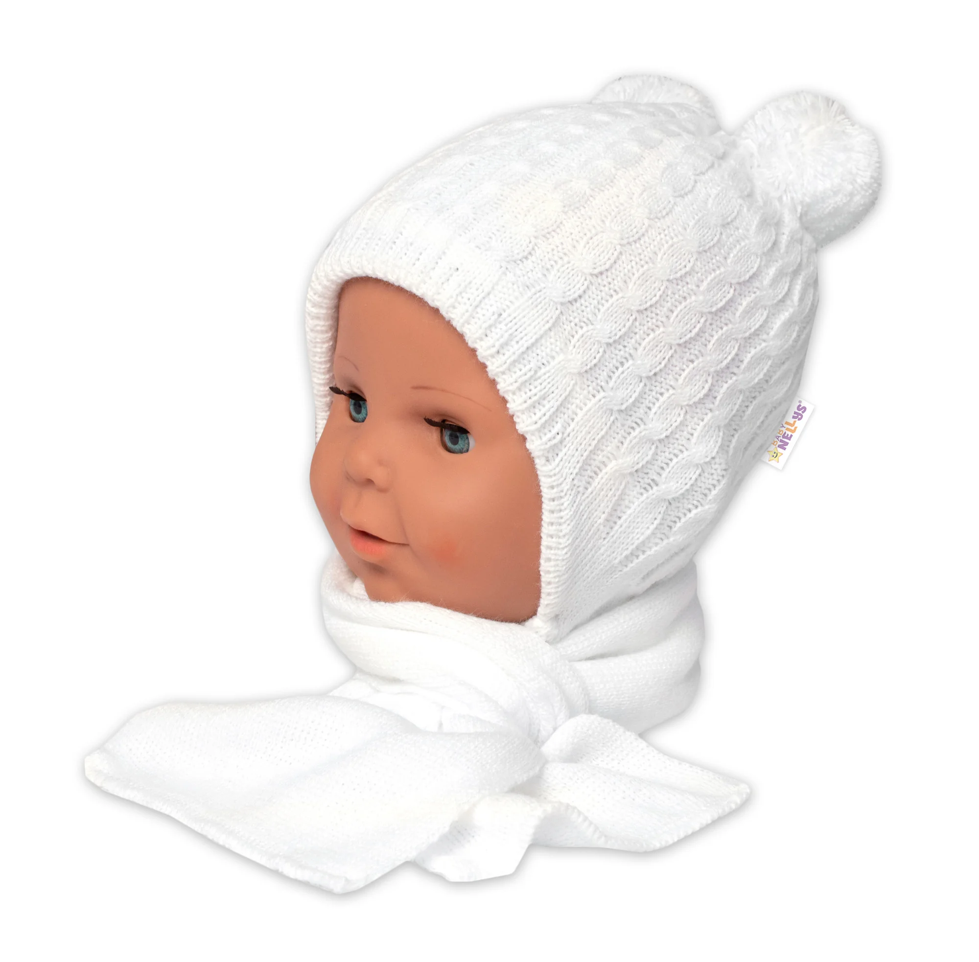 Baby Nellys Zimní čepice na zavazování s bambulky + šál - bílá
