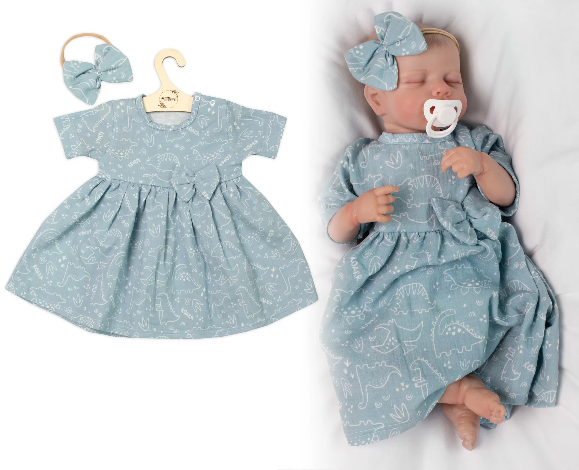 Baby Nellys Mušelínové šatičky + čelenka 2-dílná sada Dino,  mátové vel.  80
