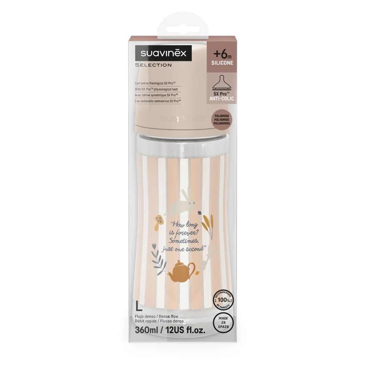 Suavinex Wonderland Kojenecká láhev průtok L 6m+ 360 ml 1 ks růžová