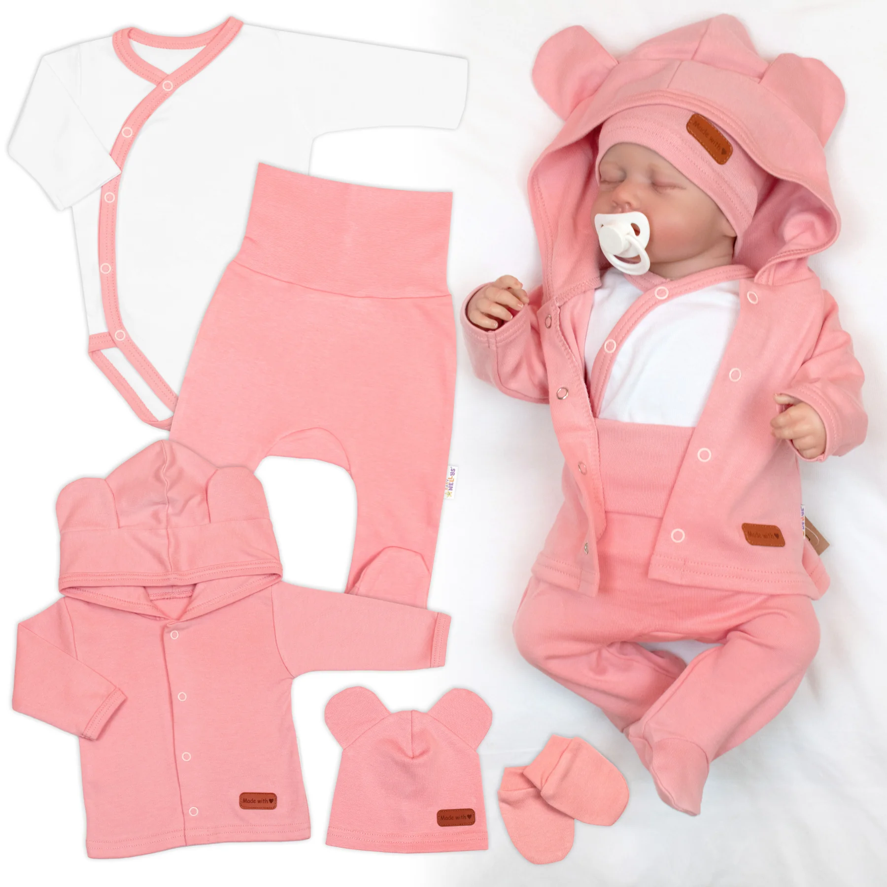Baby Nellys 5D Bavlněná souprava pro miminko do porodnice Nature, růžová,62