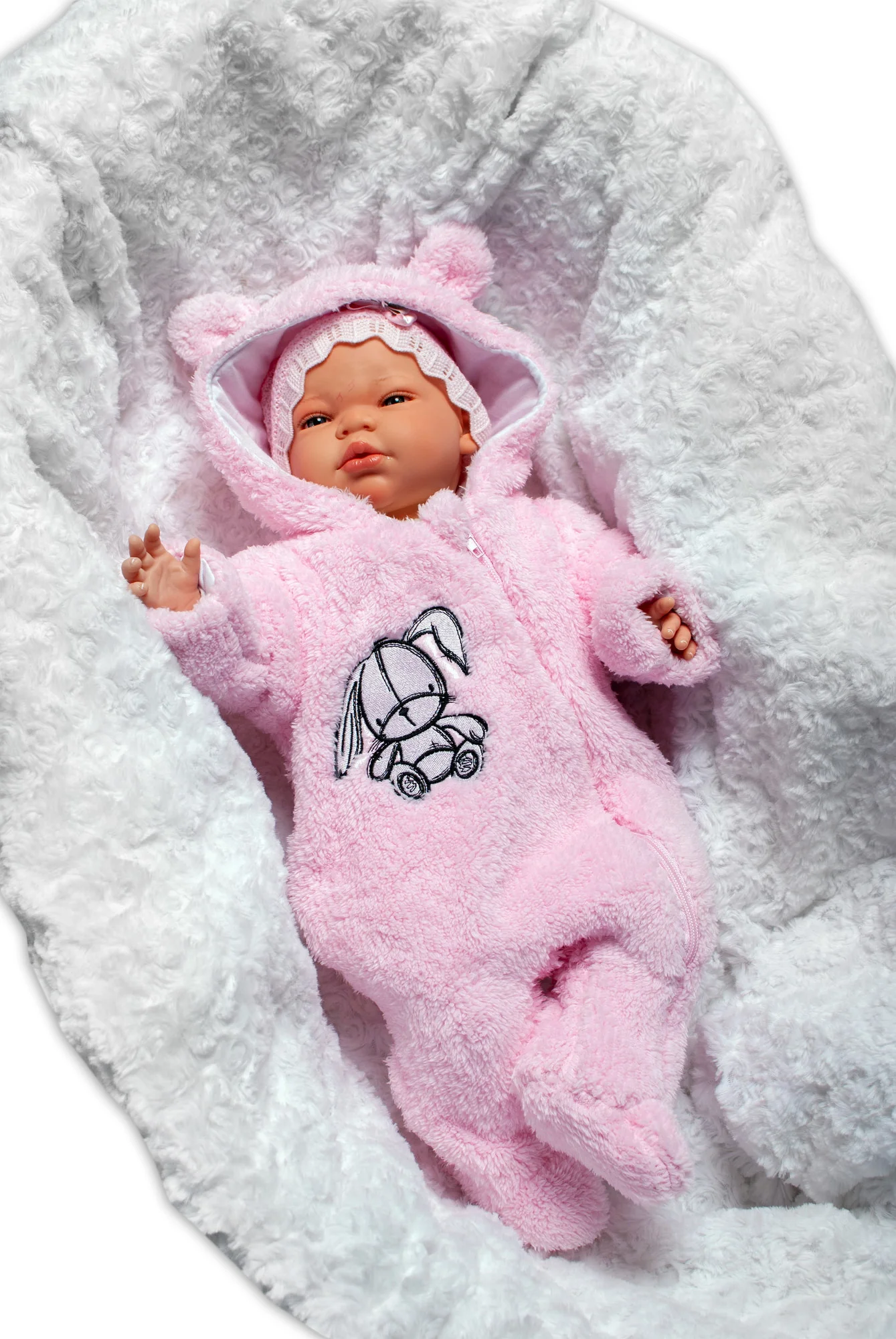 Baby Nellys Chlupáčkový overálek s kapucí, Cute Bunny - světle růžový, vel. 68 vel. 68