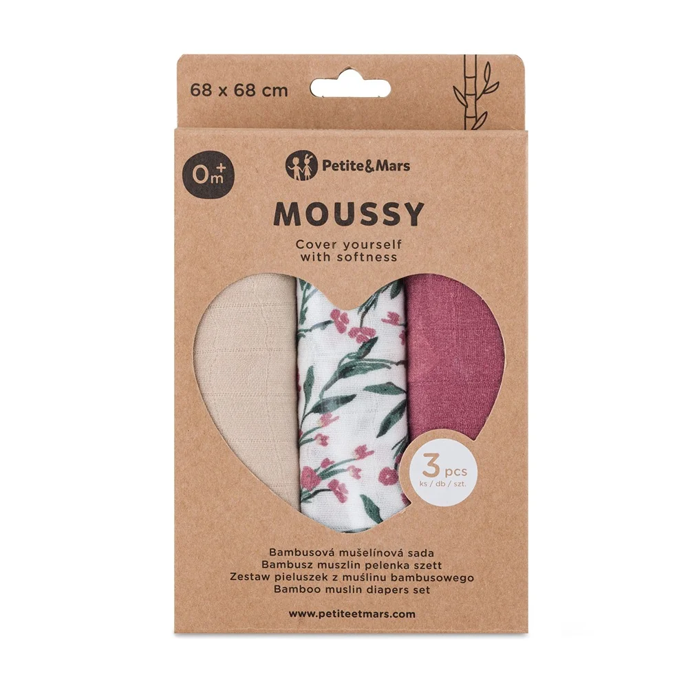 Petite&Mars Sada plen bambusová mušelínová Moussy 68 x 68 cm 3 ks Pink Meadow