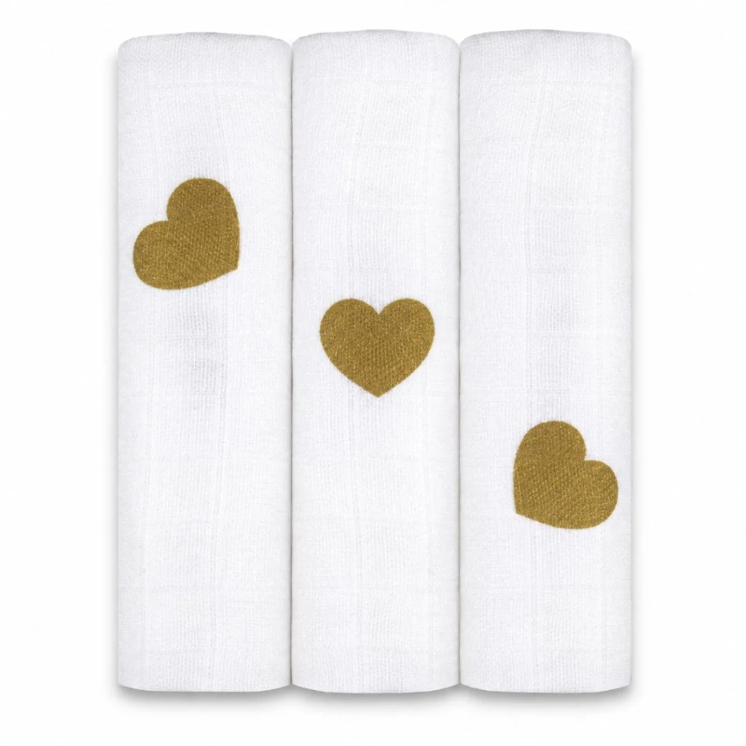 Baby Nellys Tetra pleny 3ks DELUX - Gold Love  70 x 80 cm, bílé