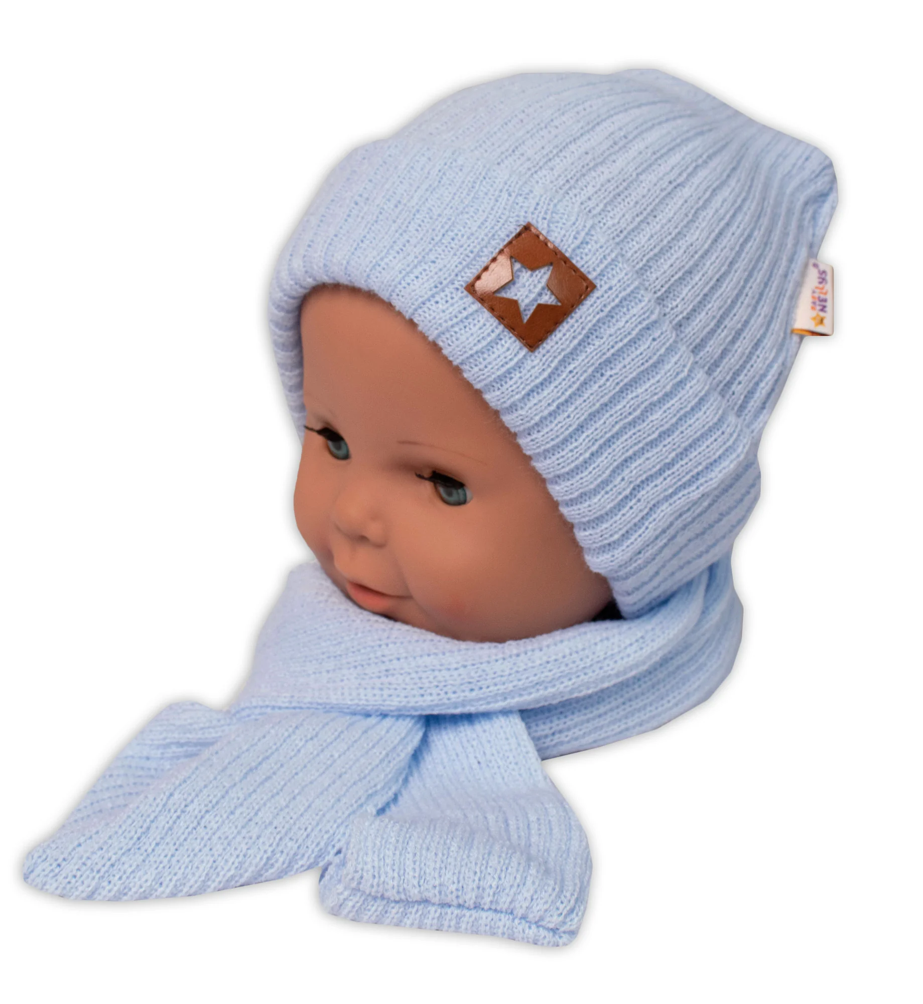 Baby Nellys Pletená čepice, šála a rukavičky 3v1, STAR, modrá, 68/74