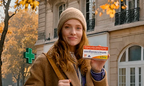 Paní na ulici představuje Oscillococcinum. V pozadí lékárna.