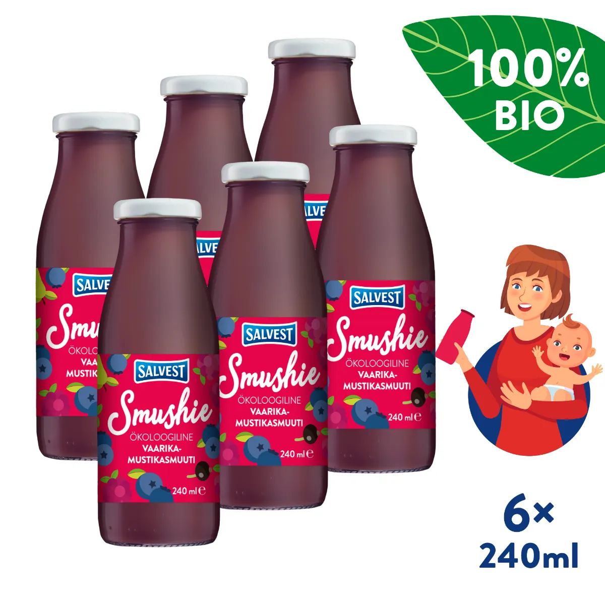 SALVEST Smushie BIO Ovocné smoothie s borůvkami, malinami a černým rybízem 6x240 ml