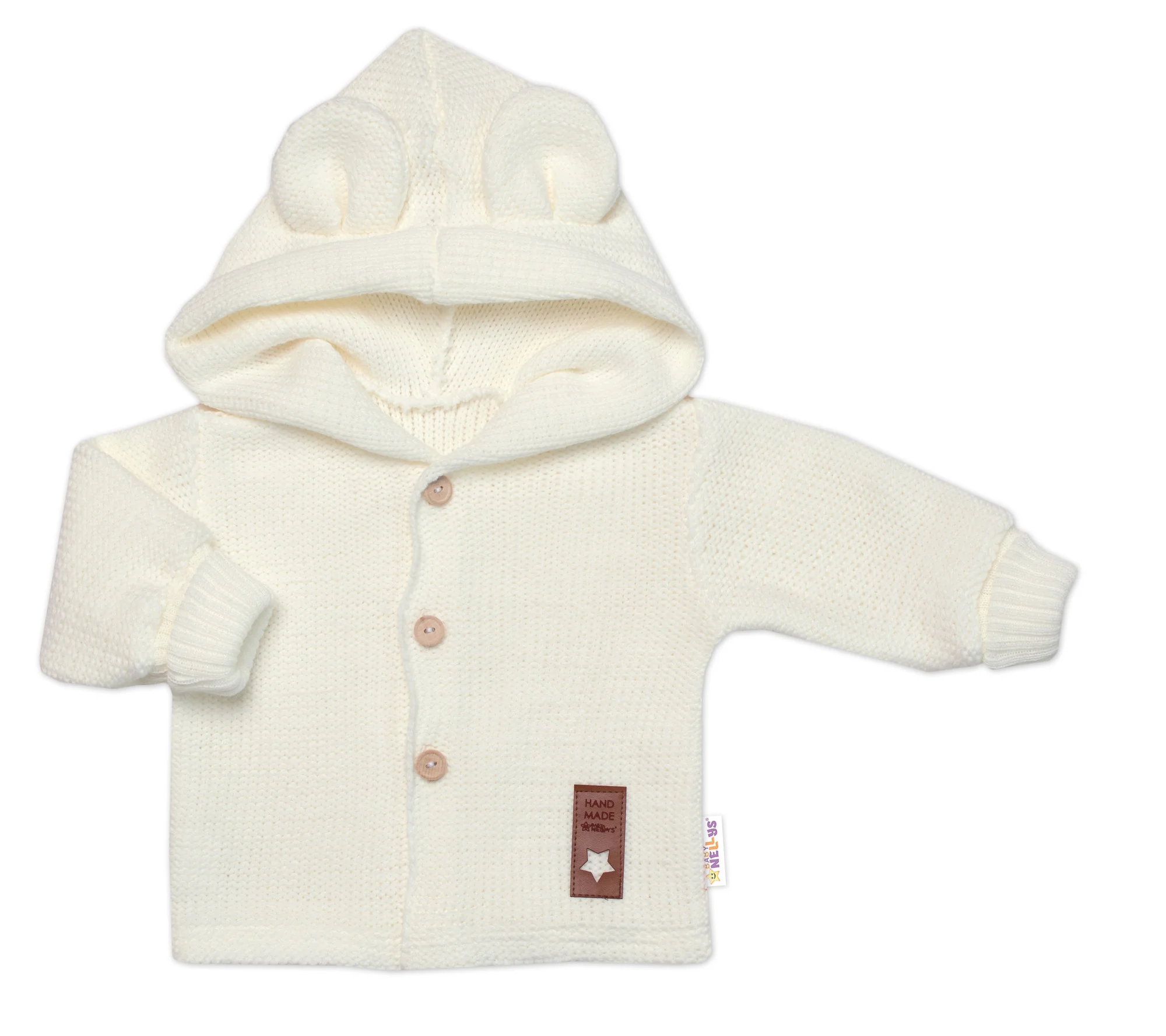 Baby Nellys Pletený svetřík s knoflíčky a kapucí s oušky, ecru,86 