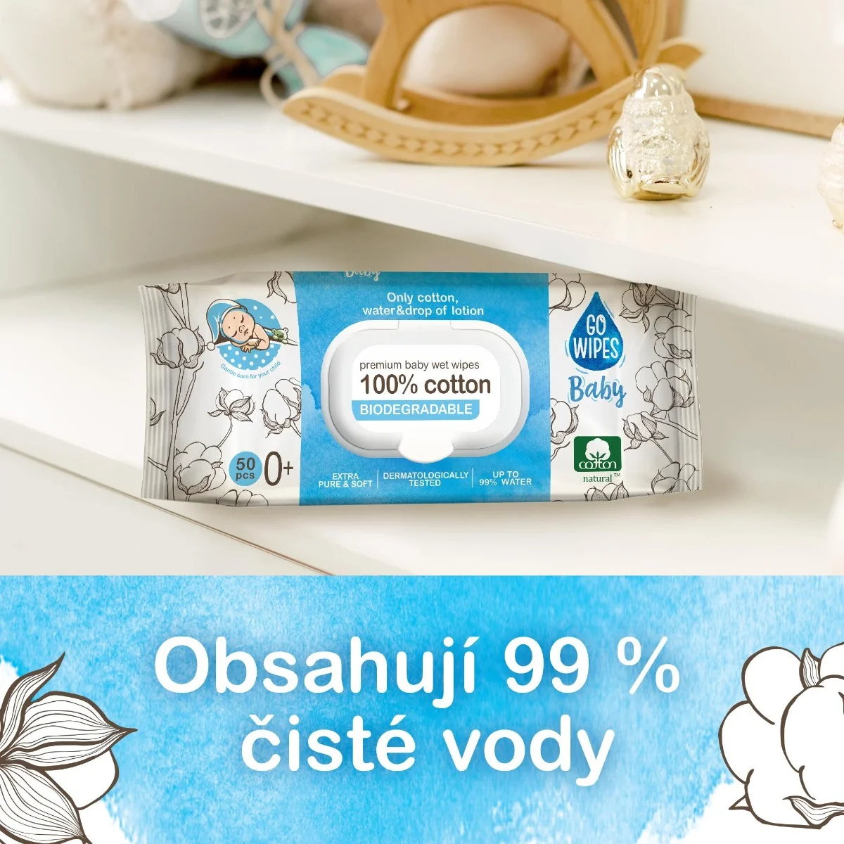 GoWipes Dětské vlhčené ubrousky 99 % vody Plastic Free 50 ks
