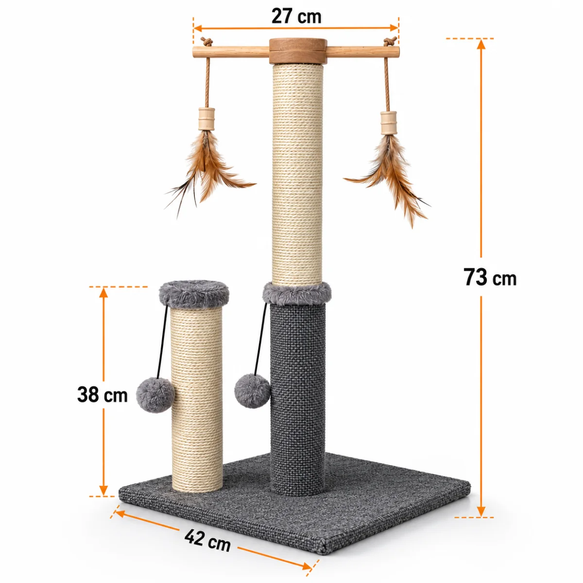 NELLYS Škrabadlo pro kočky Cat Tree 73 cm – plyš, sisal, míčky, peříčka, béžovo-šedá
