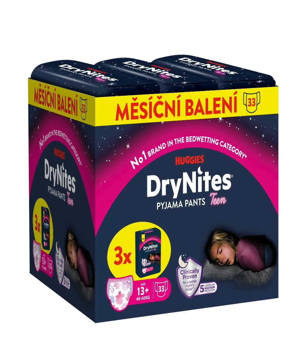 HUGGIES DryNites Natahovací kalhotky pro dívky 13+ let 48–60 kg JUMBO 3x11 ks