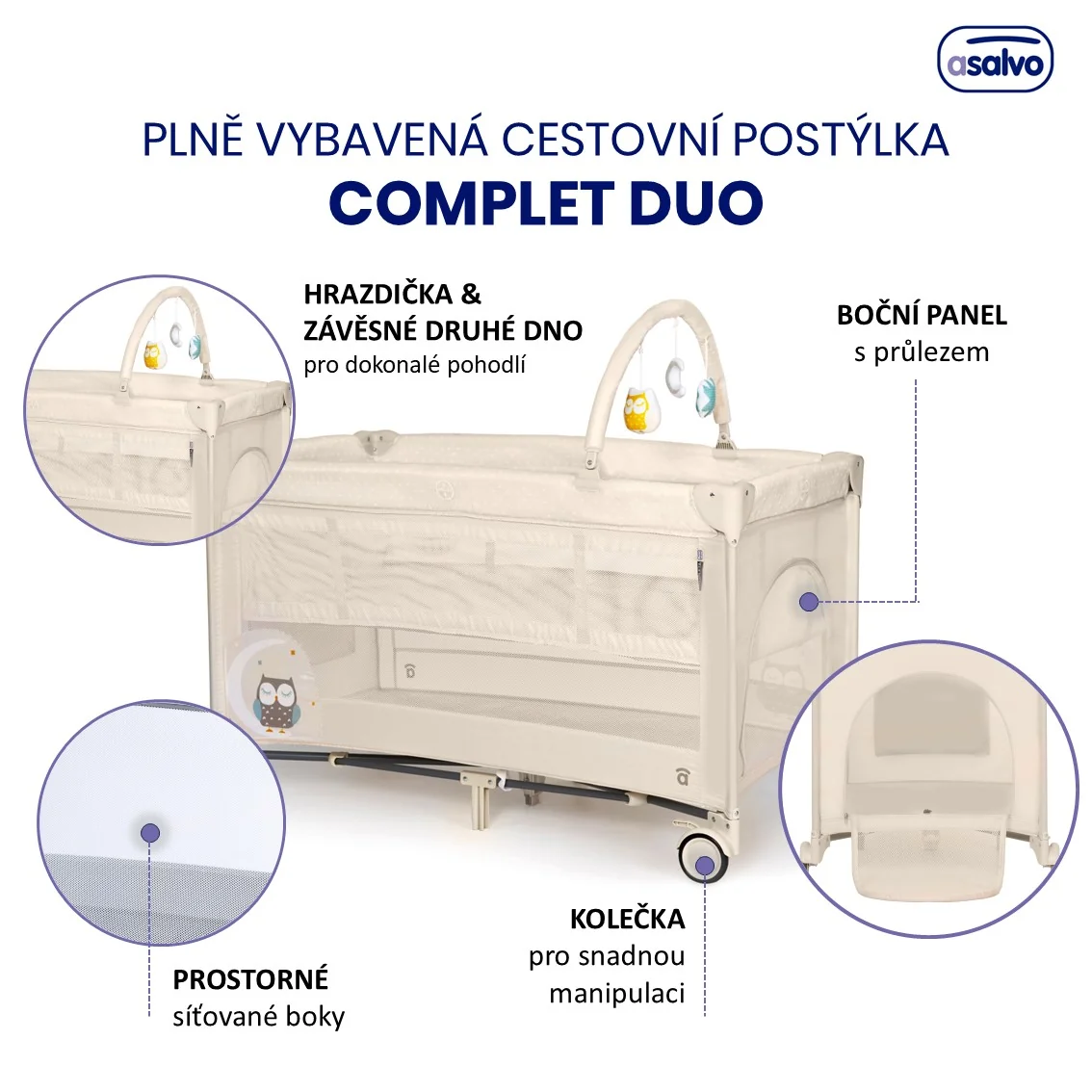 Asalvo COMPLET DUO cestovní postýlka s druhým dnem a hrazdičkou, owl