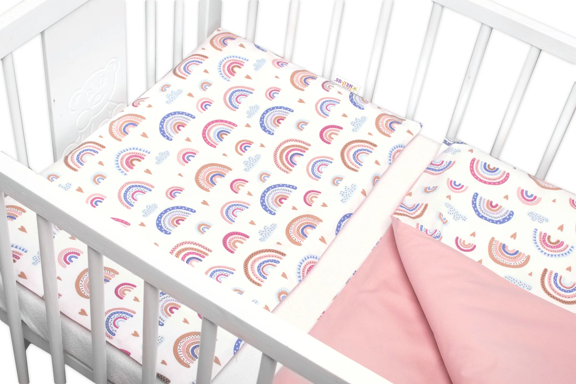 Baby Nellys Bavlněné povlečení do postýlky 2D, Duha, pastelová pudrová