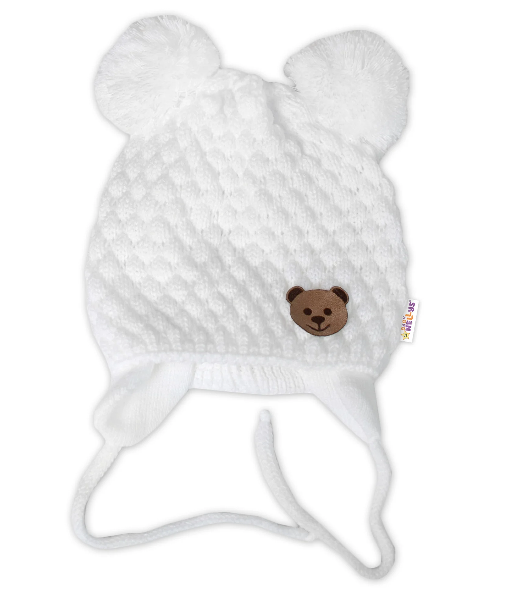 Baby Nellys Zimní pletená čepice Teddy Bear na zavazování, bílá/smetanová, 68/80, (6-12m),