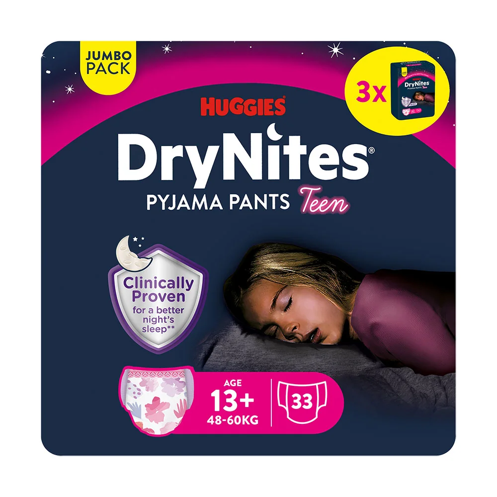 HUGGIES DryNites Natahovací kalhotky pro dívky 13+ let 48–60 kg JUMBO 3x11 ks