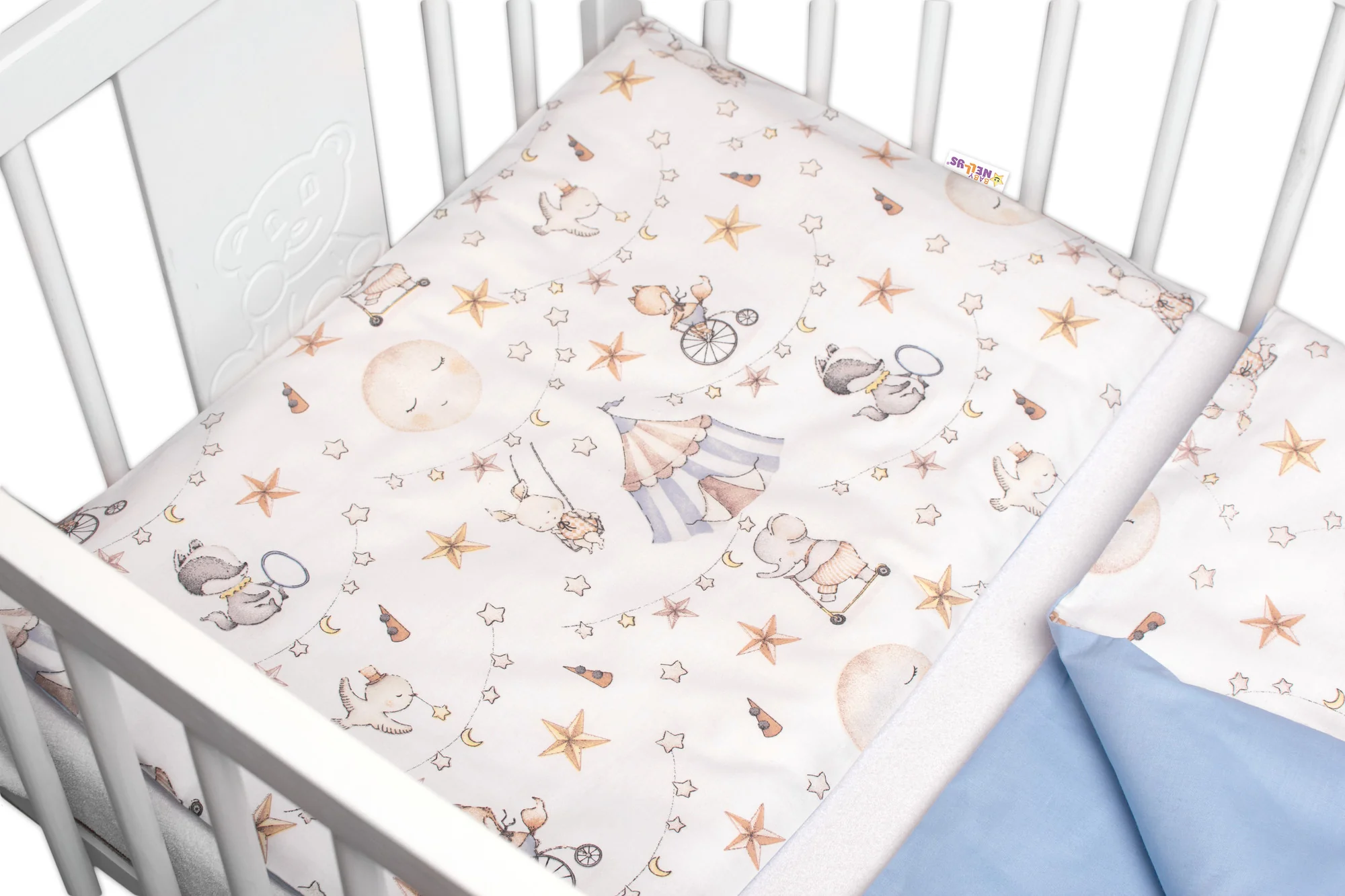 Baby Nellys 3-dílná sada Mantinel s povlečením Cirkus, modrá/bílá