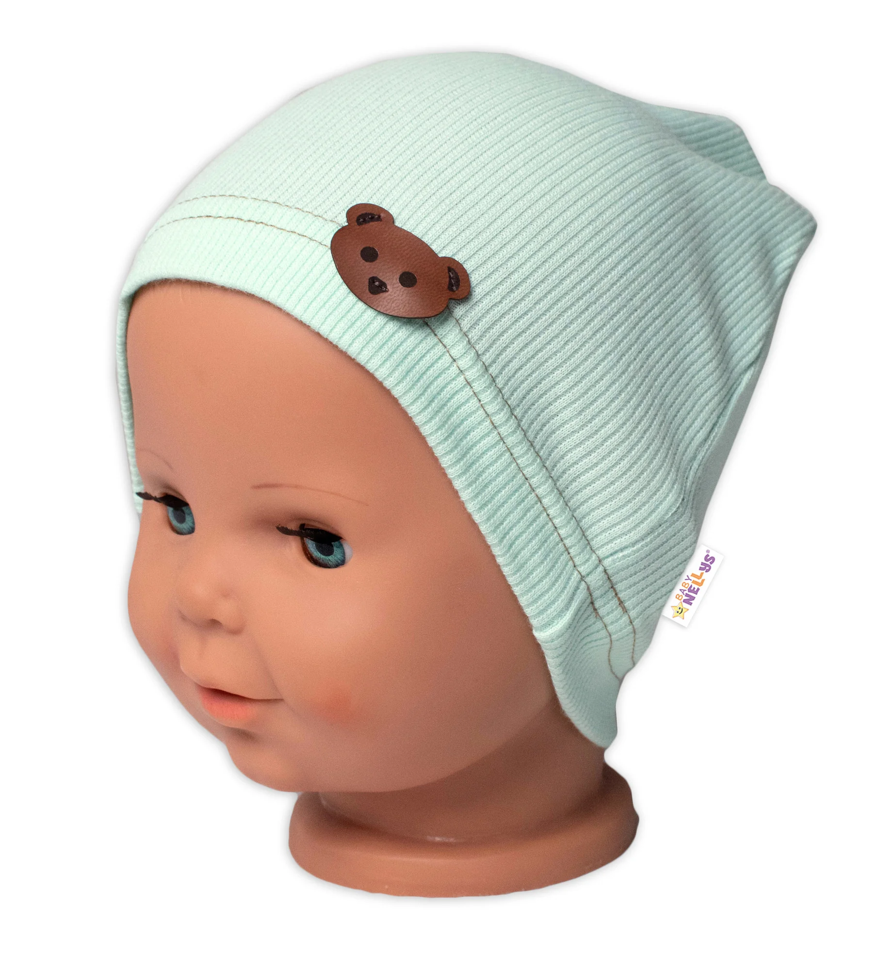 Baby Nellys Žebrovaná čepice Medvídek - mátová vel. 92/98