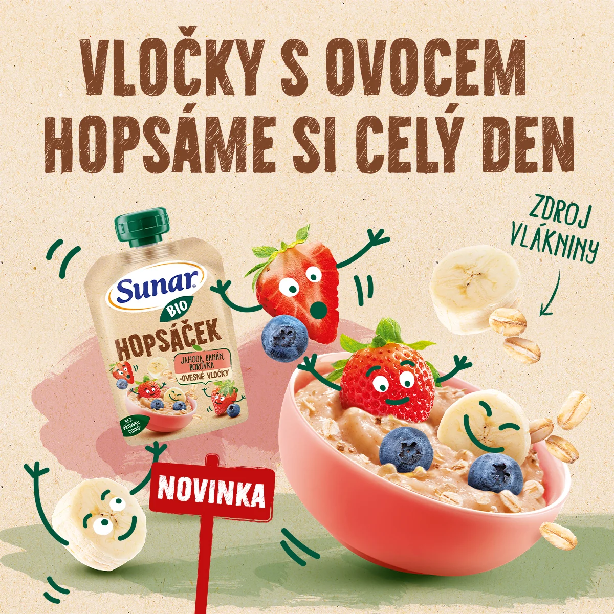 Sunar BIO Hopsáček Jahoda, banán, borůvka, oves kapsička 100 g