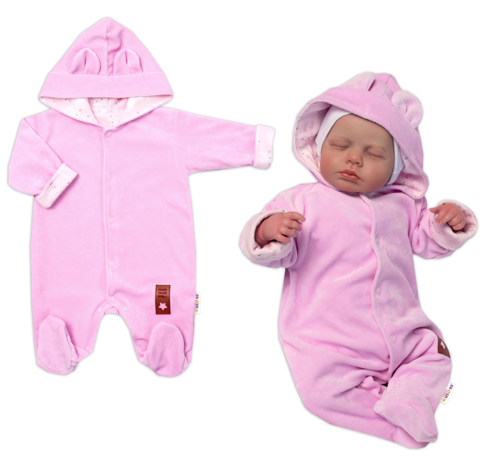 Baby Nellys Semiškový, velurový overal s kapucí Baby Nellys New Bunny, růžový, vel. 74