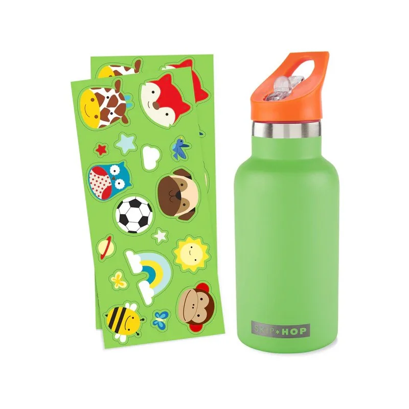 SKIP HOP Láhev s nálepkami se slámkovým náústkem nerezová zelená 380 ml, 4r+