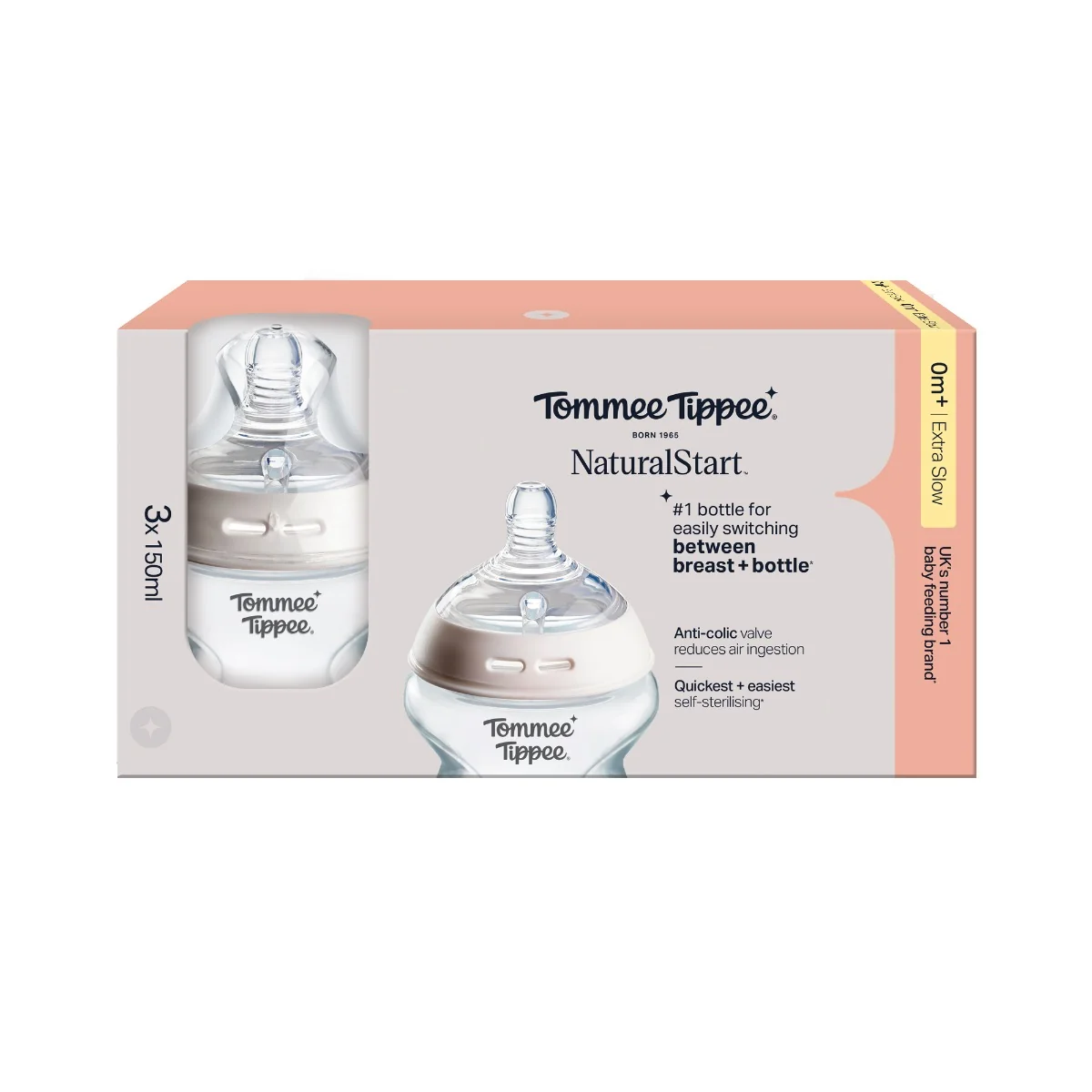 Tommee Tippee Natural Start Samosterilizační kojenecká lahev s Anti-Colic savičkou Pomalý průtok 0m+ 150 ml 3 ks