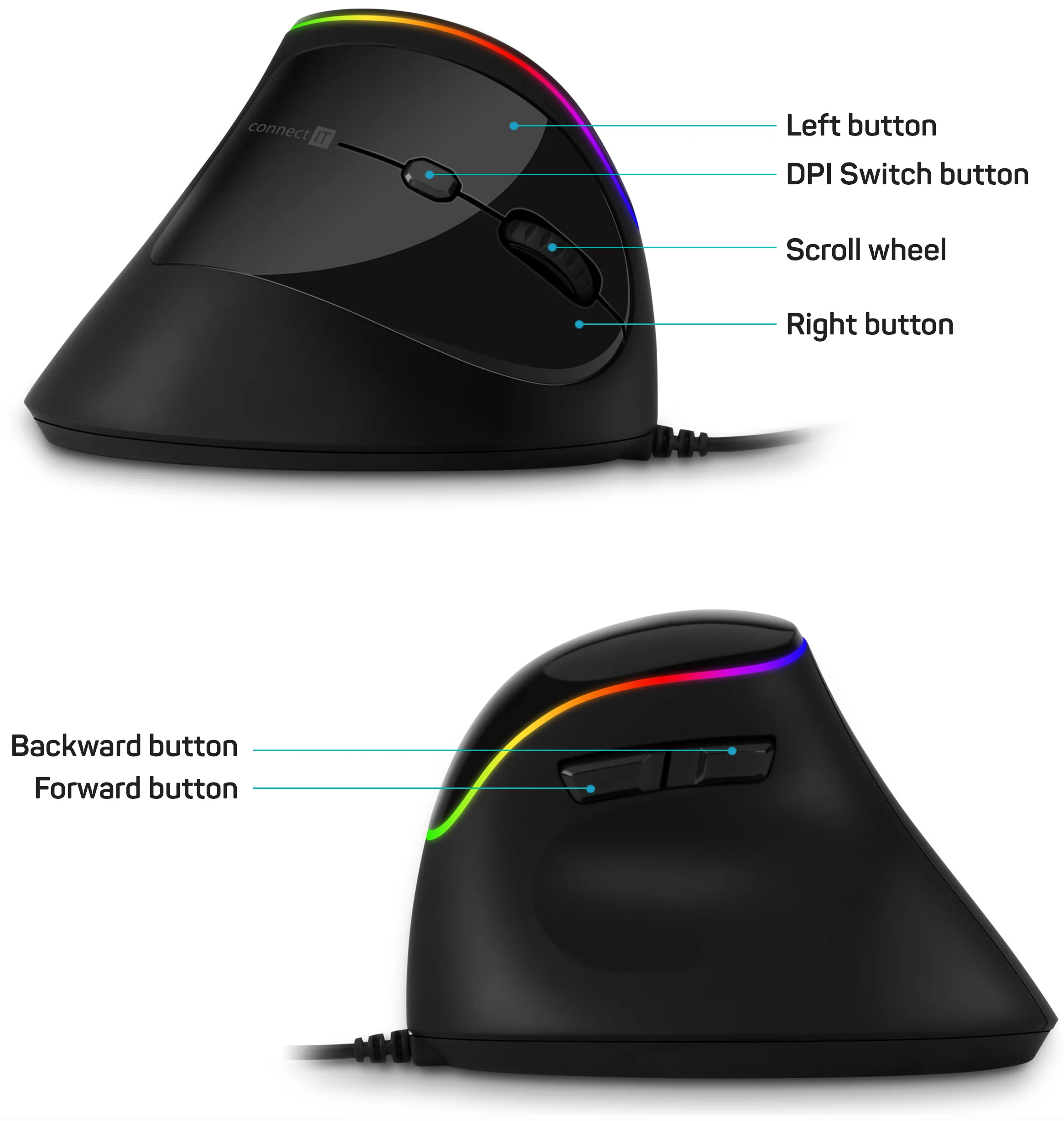 Connect IT For health RGB Ergonomická vertikální myš drátová černá