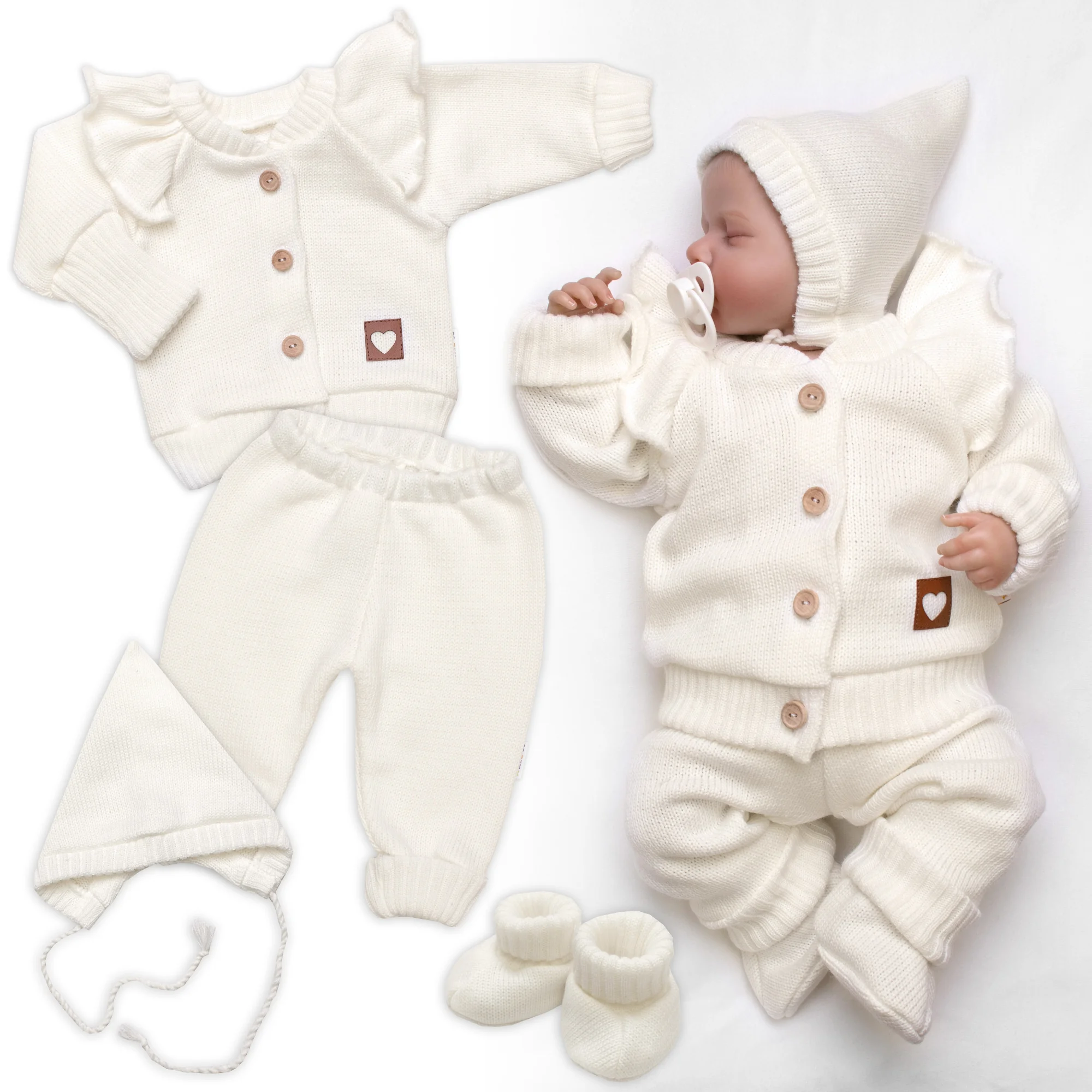 Baby Nellys Rostoucí pletená sada 4D Girl s volánkem Love, smetanová, vel. 68/74