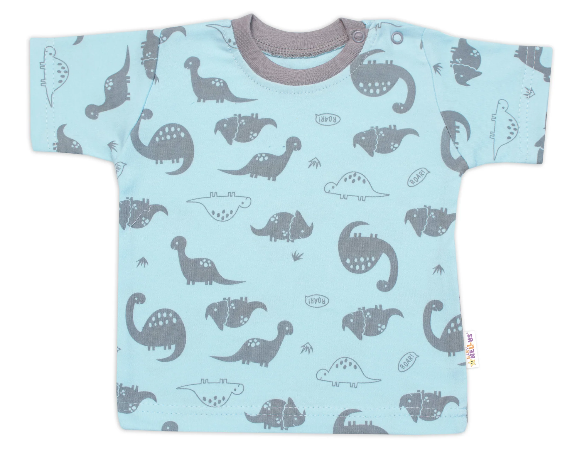 Baby Nellys Tričko, krátký rukáv + kraťásky, 2D, Dino, bavlna, modrá/šedá vel. 104