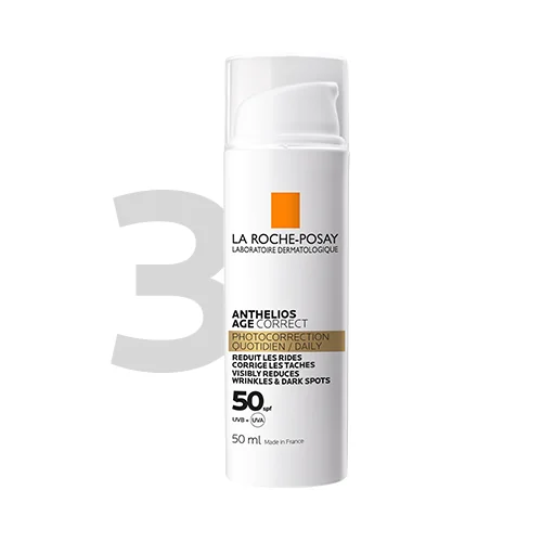 ANTHELIOS AGE CORRECT SPF 50+ Pomáhá snížit viditelnost vrásek či jemných linek a zabraňuje vzniku hyperpigmentací.