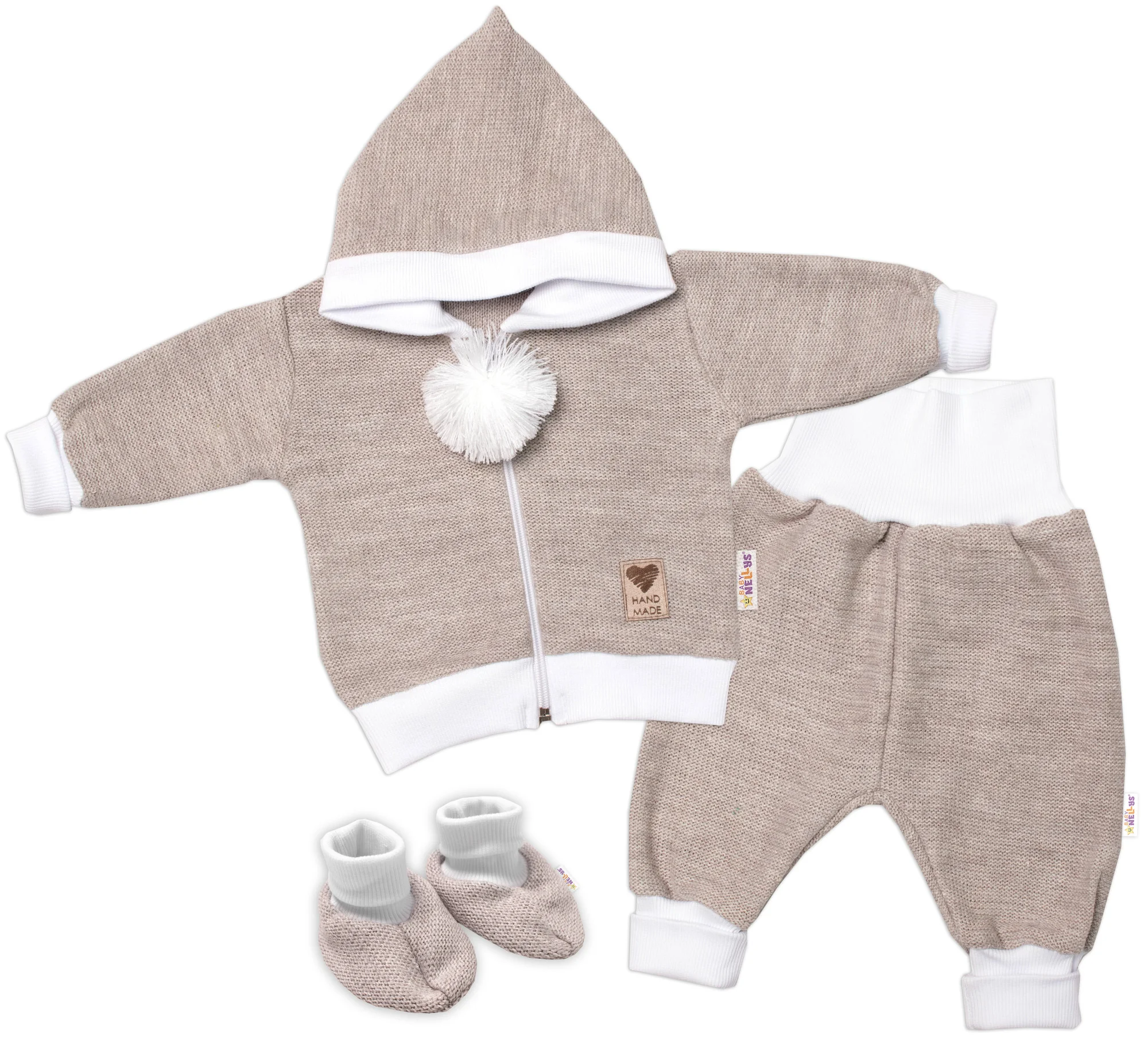 Baby Nellys 3-dílná souprava Hand made, pletený kabátek, kalhoty a botičky, béžová, vel.68