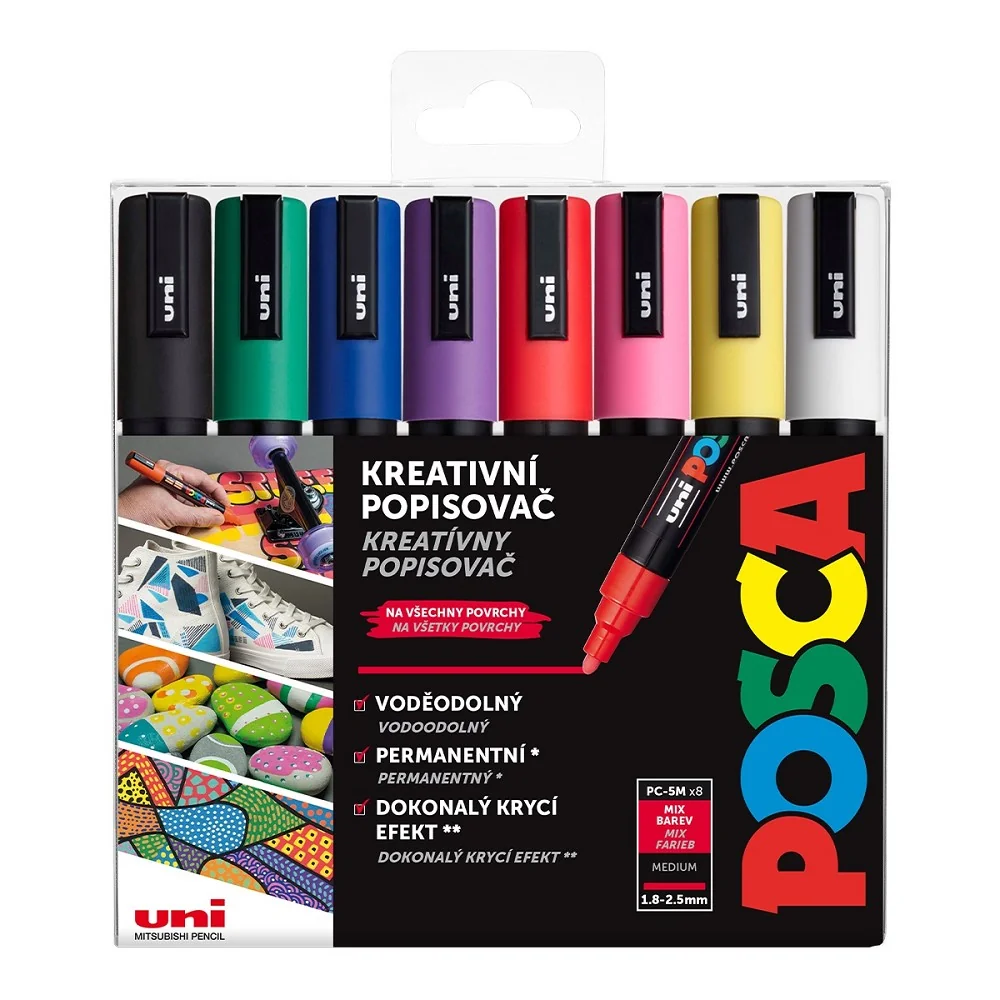 Posca Sada akrylových popisovačů - PC-5M, 1,8 - 2,5 mm, základní barvy (8 ks)