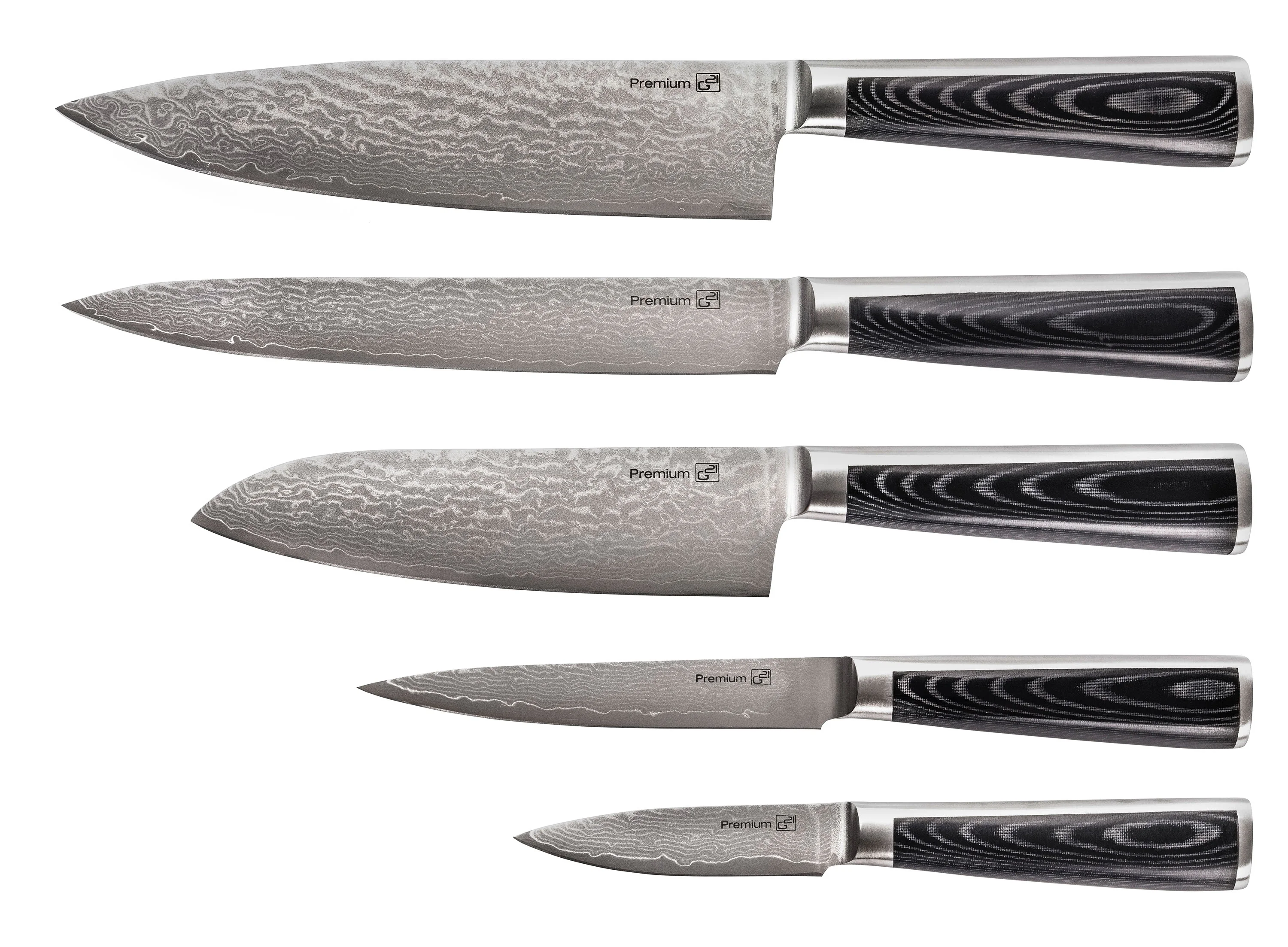 G21 Sada nožů Damascus Premium v bambusovém bloku, Box, 5 ks + brusný kámen