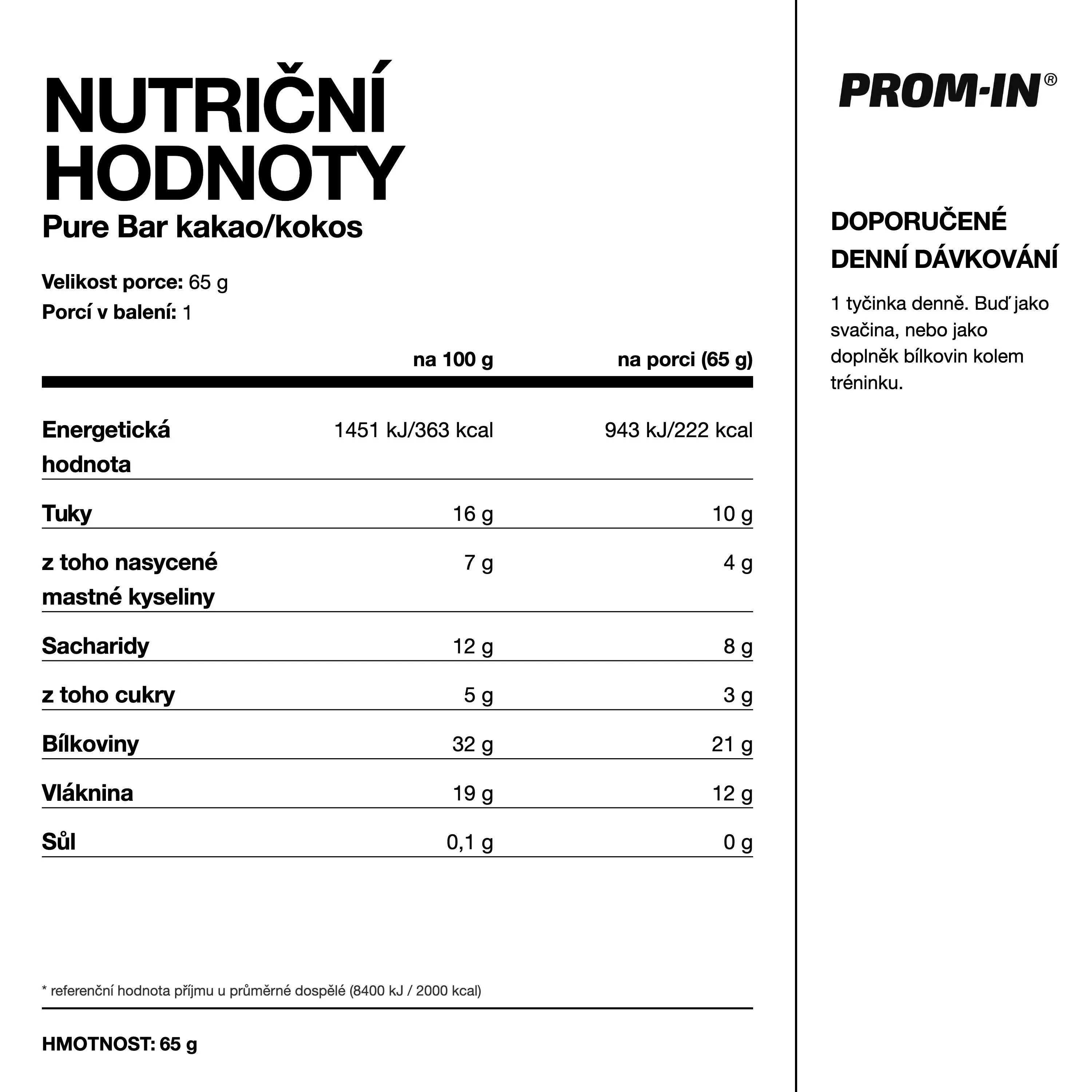 PROM-IN Pure Bar Kakao/Kokos 65 g