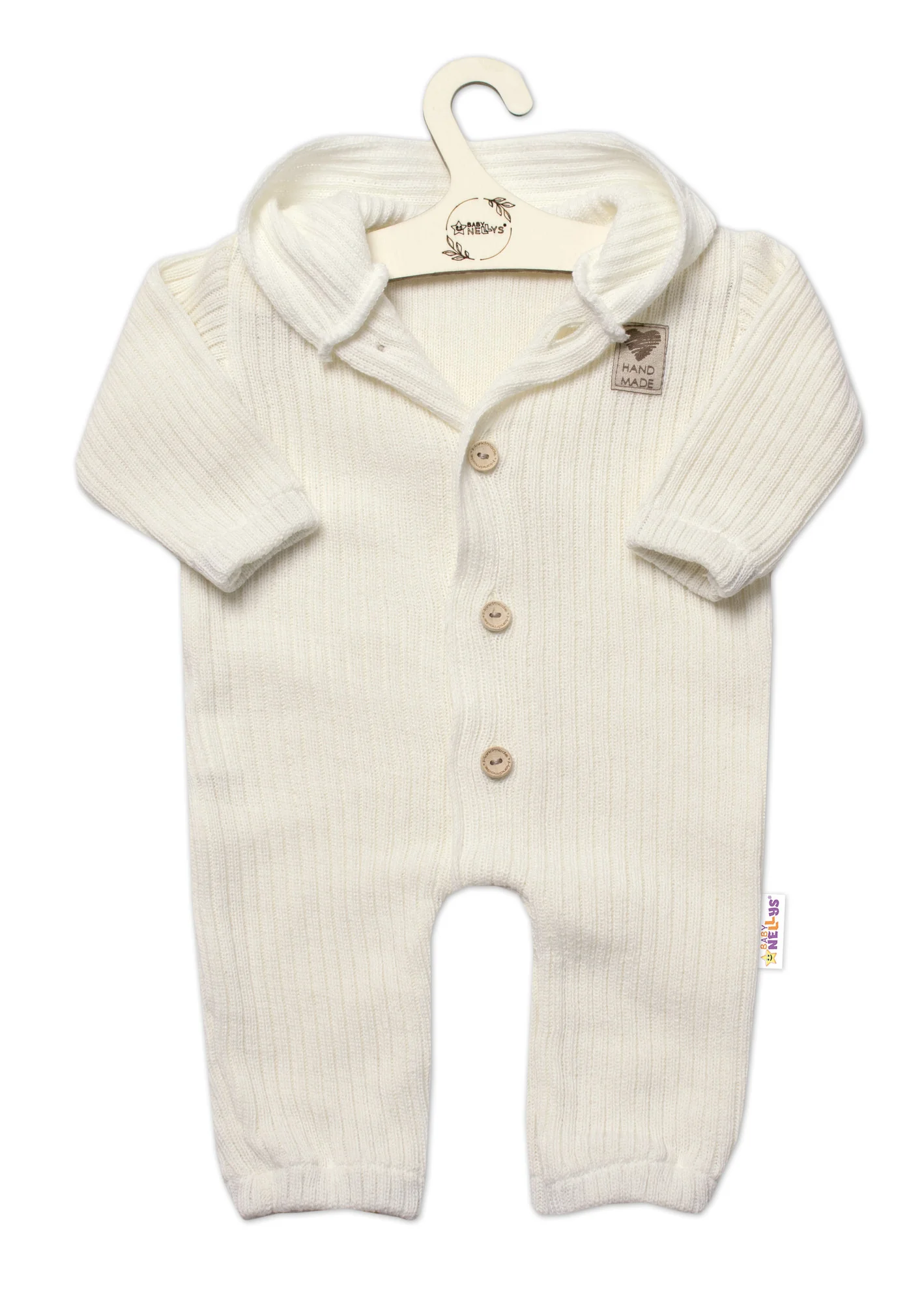 Baby Nellys Pletený overálek s kapucí a knoflíčky Hand Made, ecru vel. 68/74