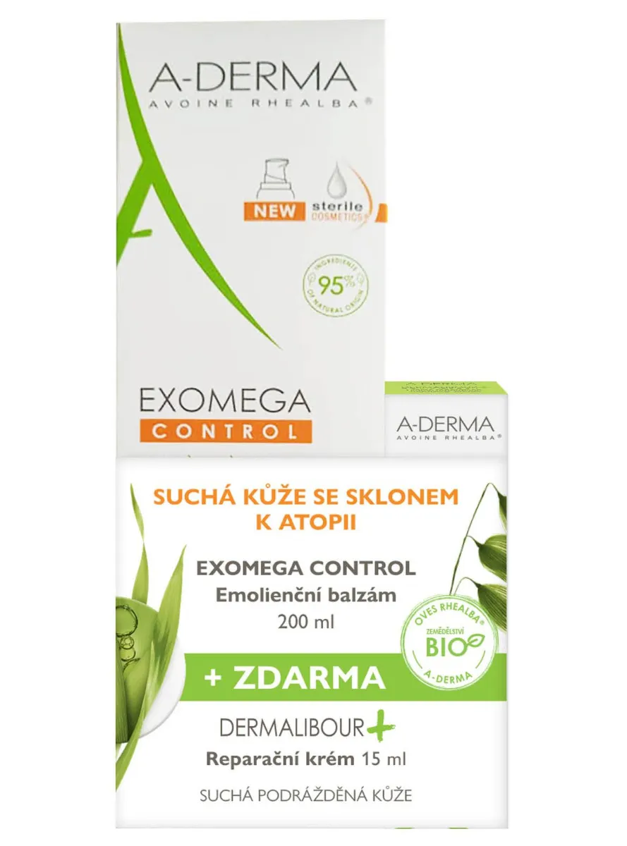 A-Derma Exomega Control Emolienční balzám 200 ml + Dermalibour Reparační krém 15 ml