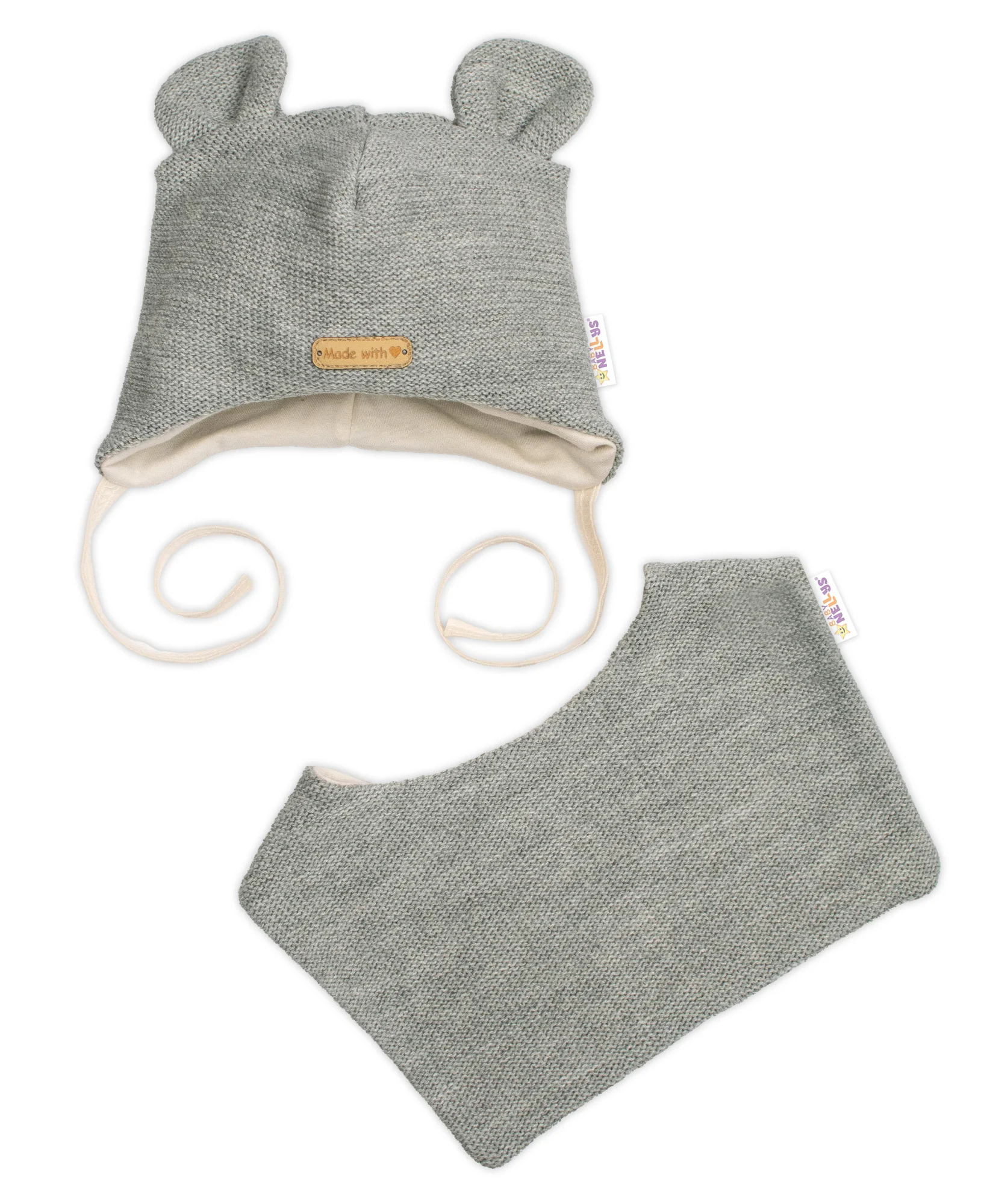 Baby Nellys Pletená čepice s bavlněnou podšívkou a šátkem 2v1, Teddy Hand made - šedá