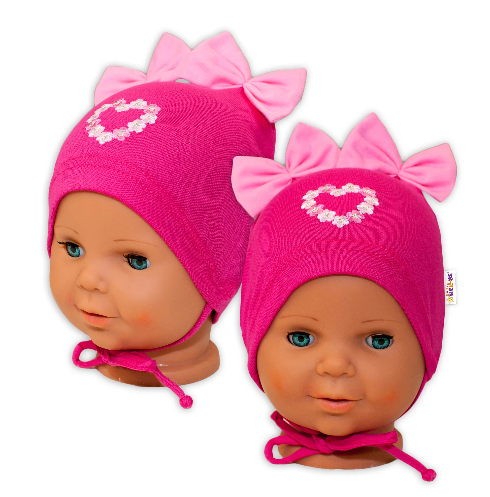 Baby Nellys Bavlněná čepička na zavazování s mašličkami - tm. růžová