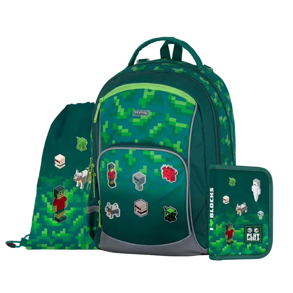 Oxybag OXY GO - školní set Playworld 3 ks: batoh, penál, sáček batoh, penál, sáček