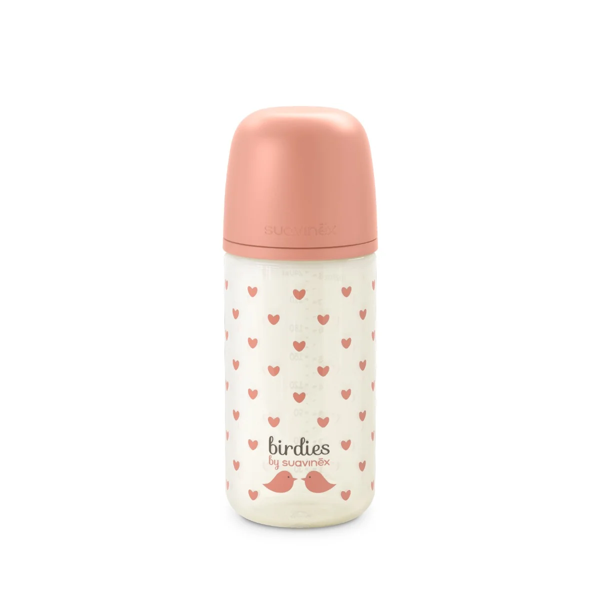 Suavinex Láhev skleněná fyziologická BIRDIES 240 ml 1 ks růžová