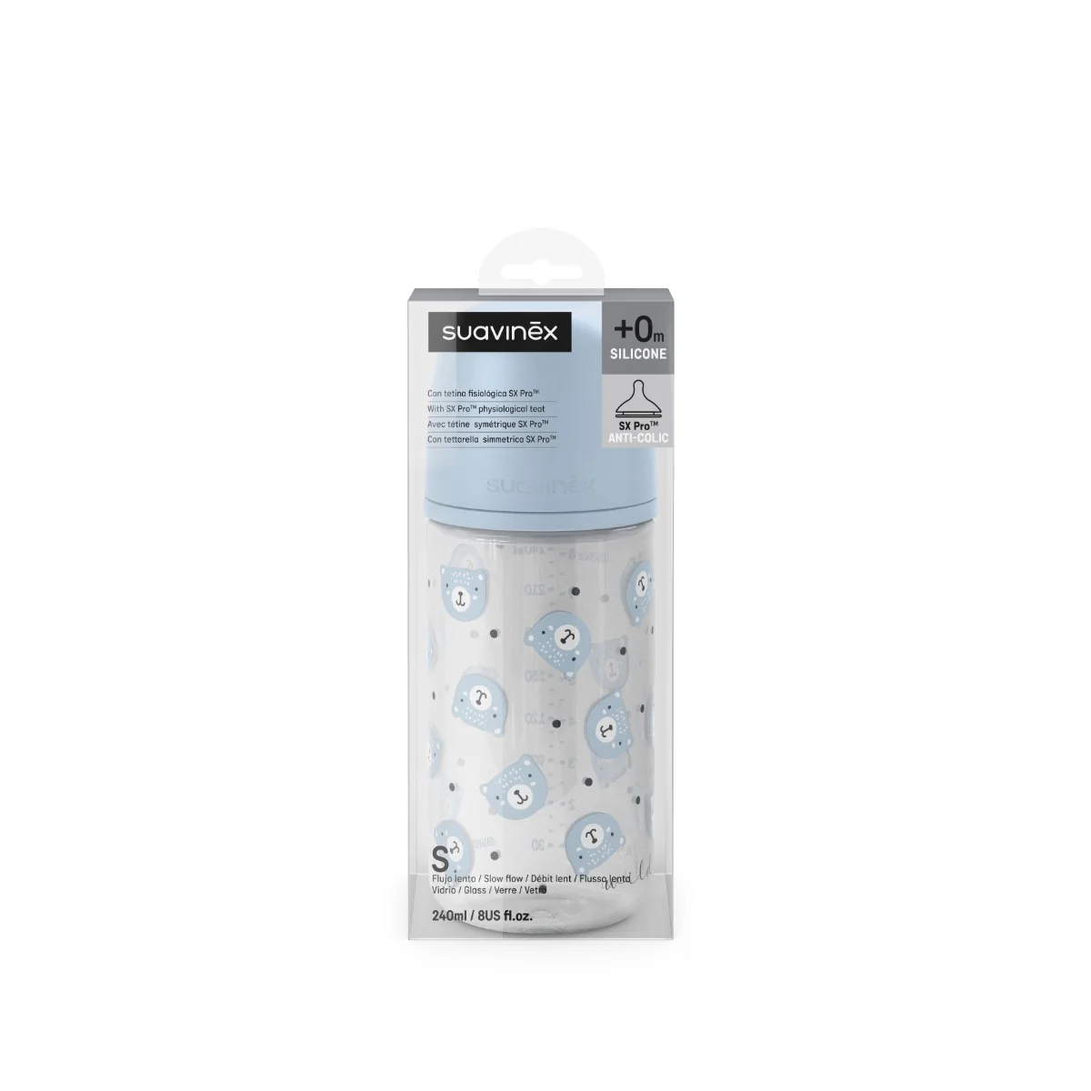 Suavinex Láhev skleněná fyziologická 240 ml 1 ks modrá