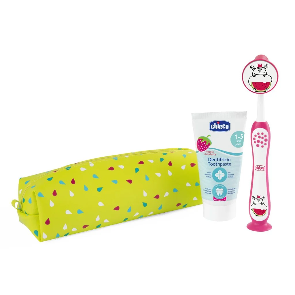 Chicco Set zubní kartáček a pasta v pouzdře - Hippo, 3r+