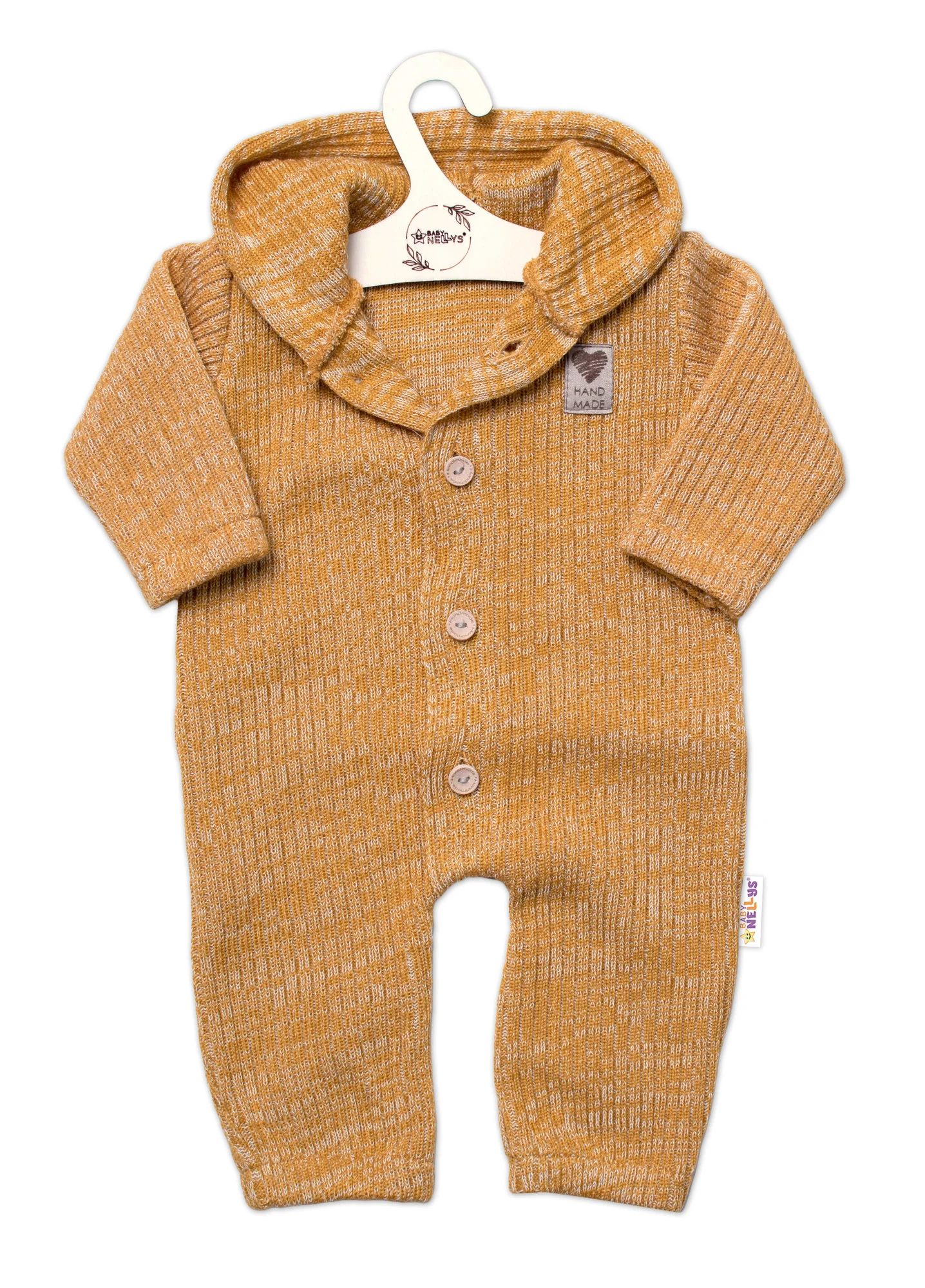 Baby Nellys Pletený overálek s knoflíčky Hand Made, medový,56