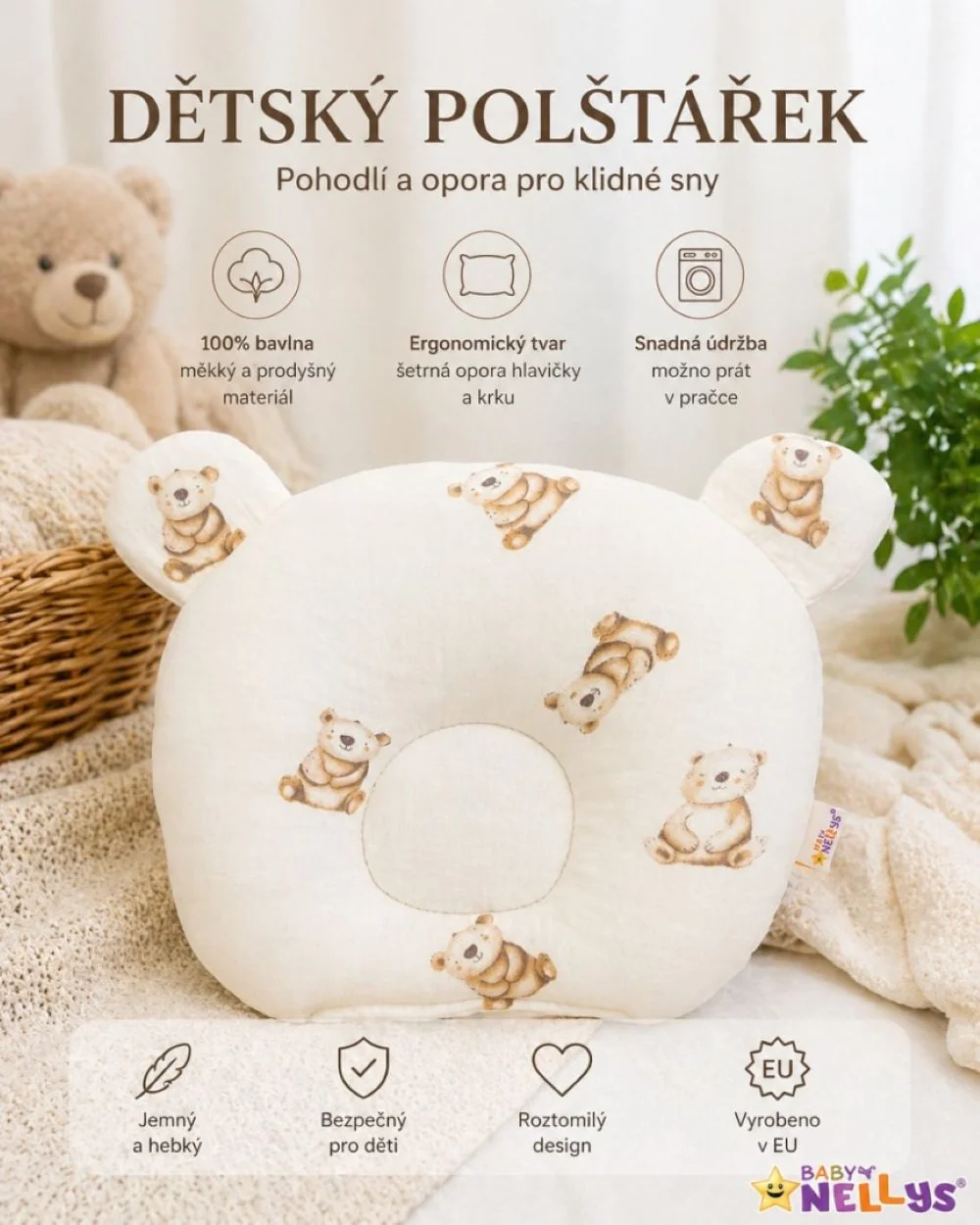Baby Nellys Mušelínový tvarovaný polštářek Medvídek, béžová