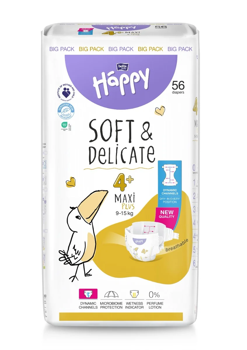 Bella Baby Happy Soft&Delicate 4+ Maxi Plus 9–15 kg dětské pleny 56 ks
