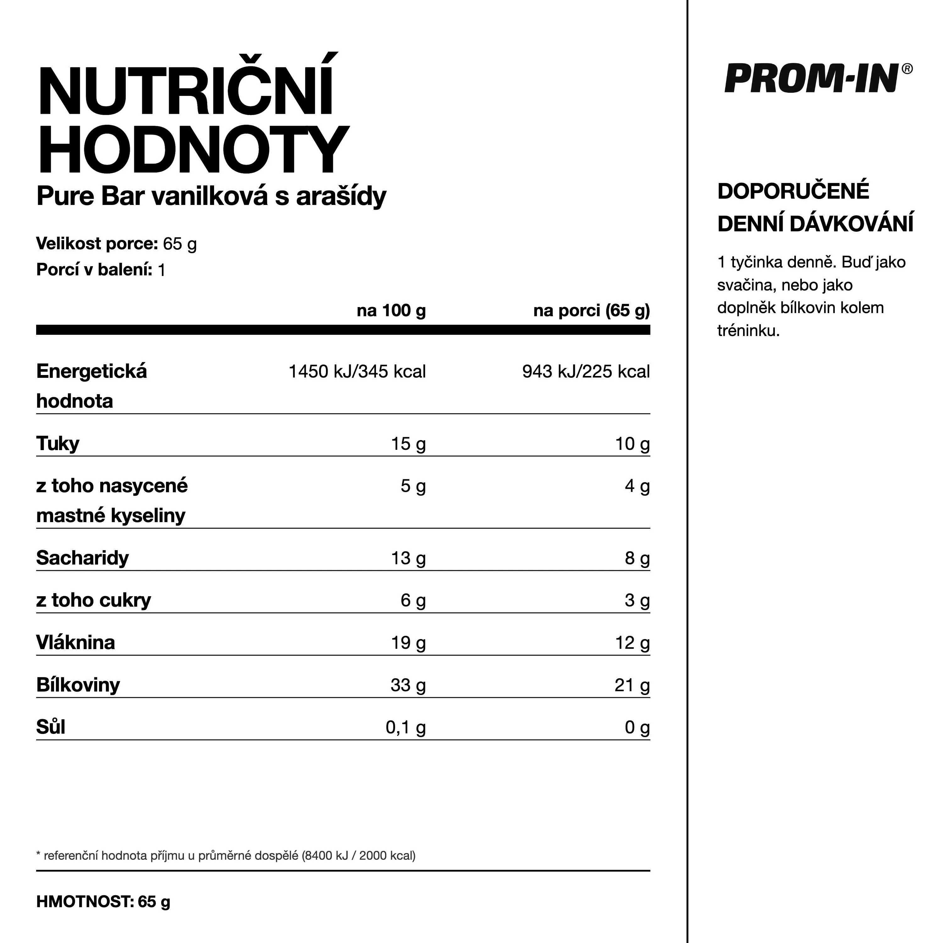 PROM-IN Pure Bar Vanilka s arašídy 65 g