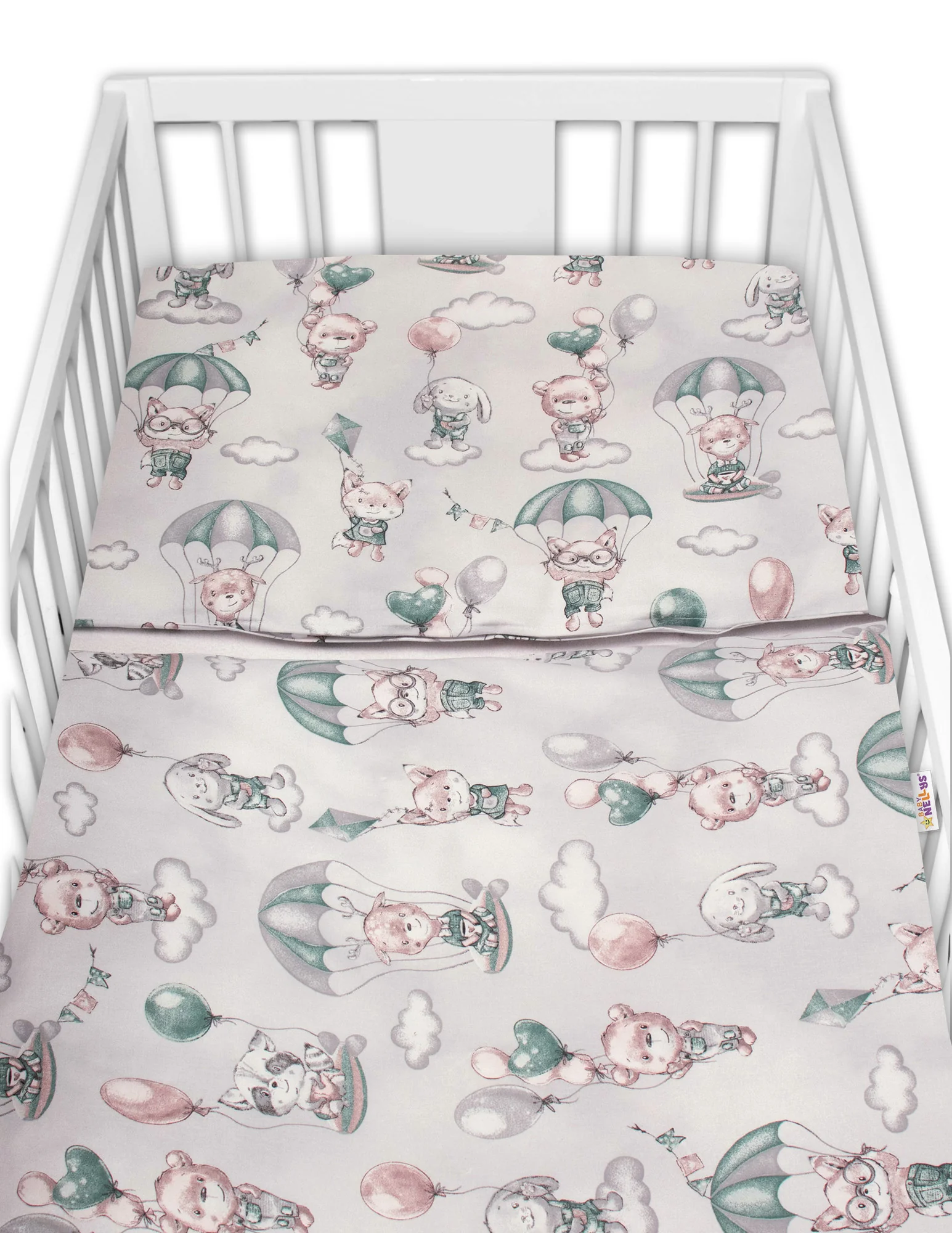 Baby Nellys 3-dílná sada Mantinel s povlečením, Létající zvířátka, zelený