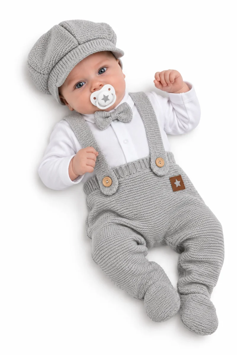 Baby Nellys Pletená souprava Gentleman 3D, body, polodupačky s láclem, čepička, šedá, 62